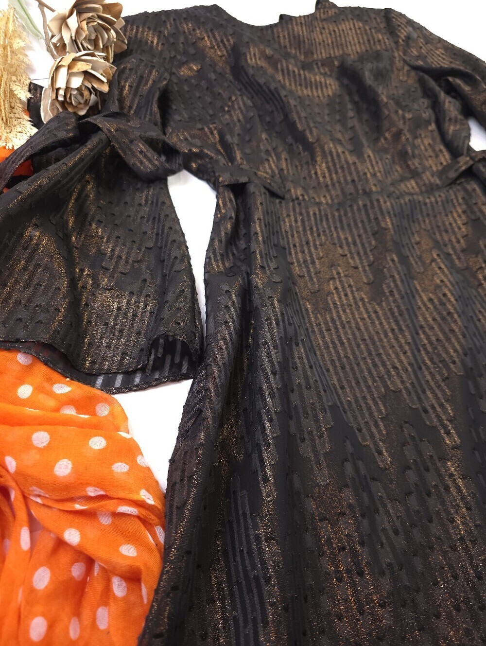 Like New Nine West Black Metallic Fit-and-Flare Dress with Tie Sleeves Sz 6 - Picture 7 of 13